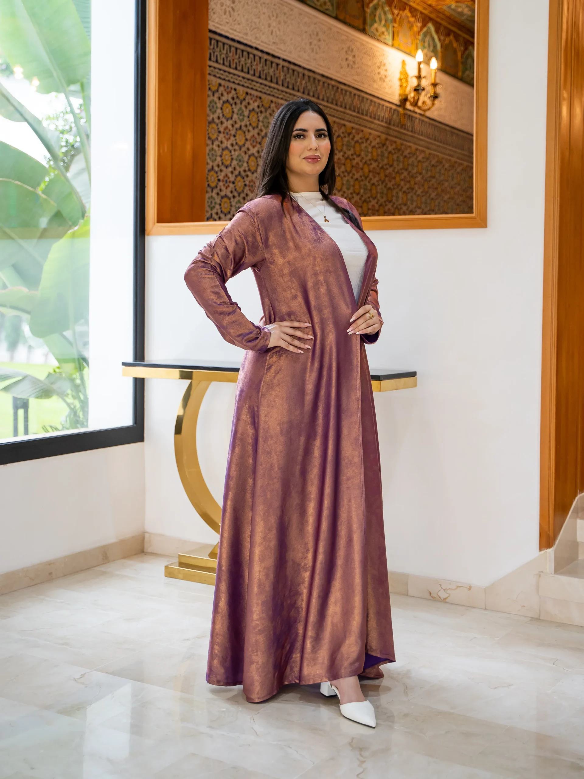 Maisam Mauve Shimmer Open Abaya with Inner Dress - Image 2