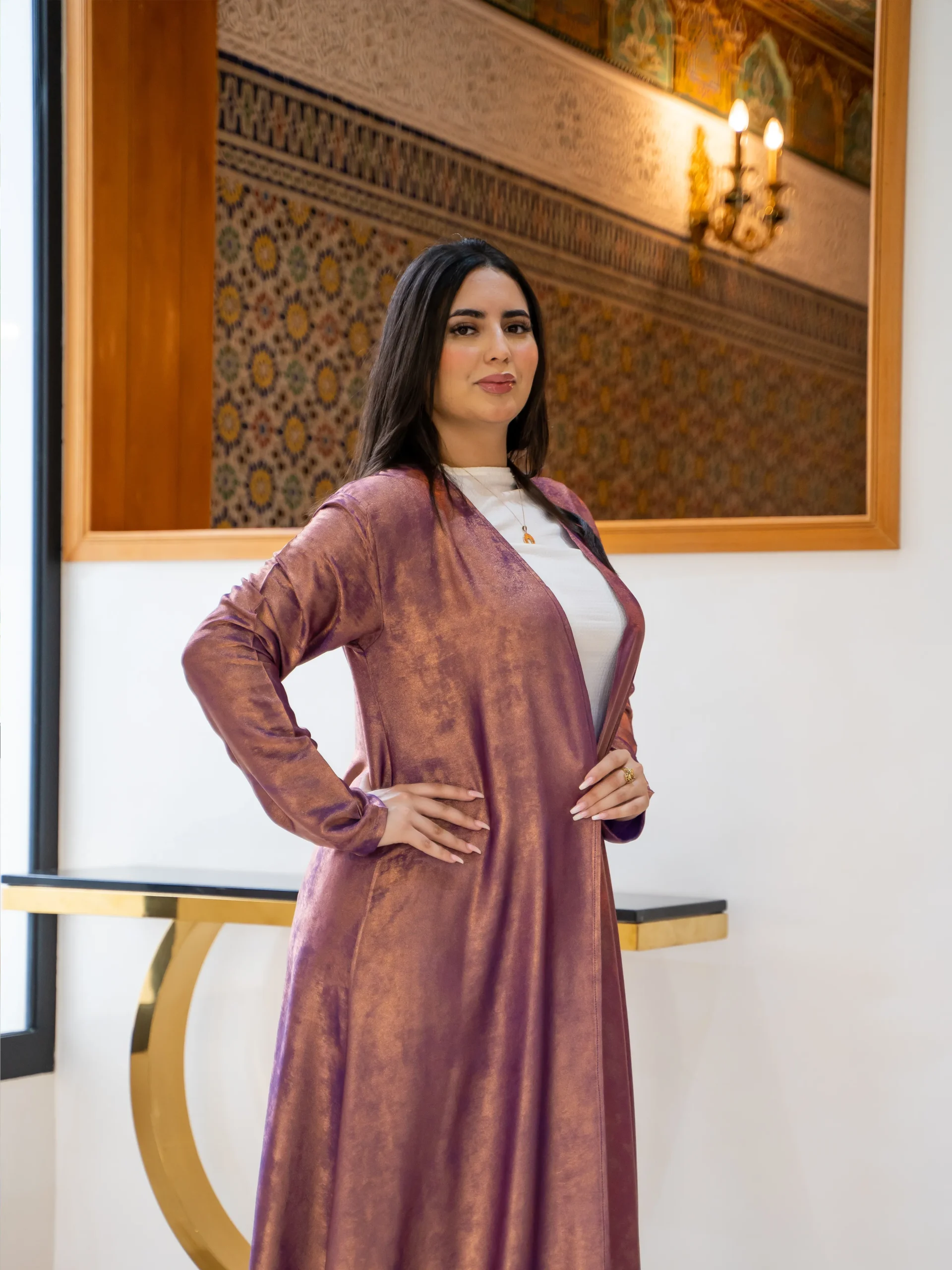 Maisam Mauve Shimmer Open Abaya with Inner Dress - Image 3