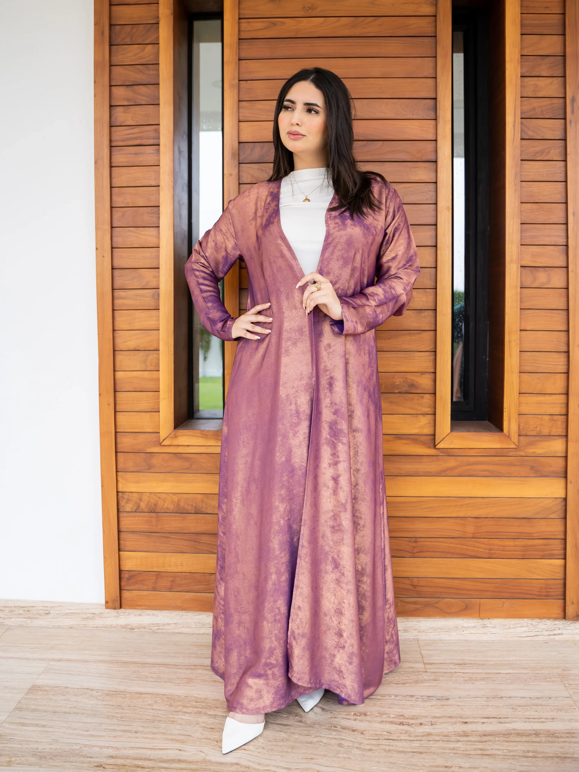 Maisam Mauve Shimmer Open Abaya with Inner Dress - Image 4