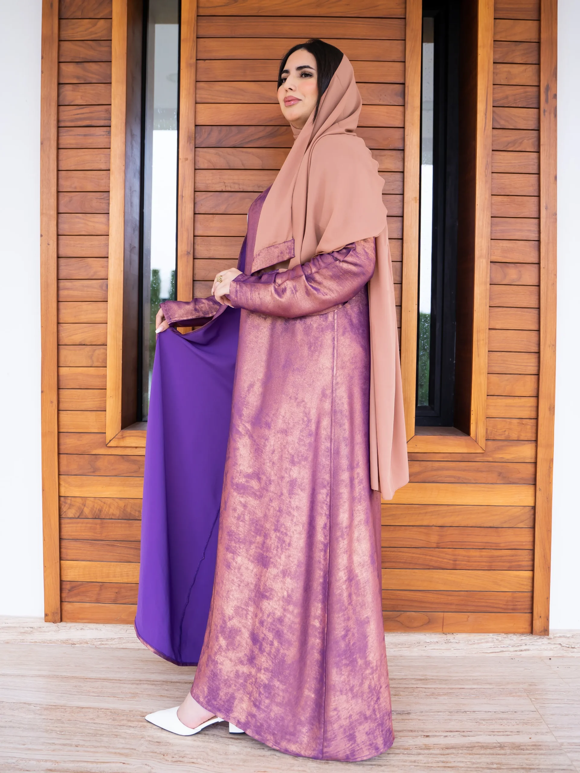 Maisam Mauve Shimmer Open Abaya with Inner Dress - Image 6