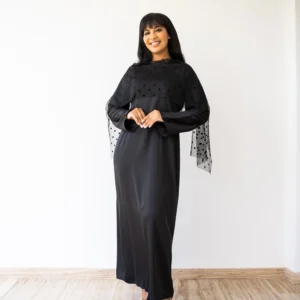 Maisam Black Modest Maxi Dress with Sheer Polka Dot Cape