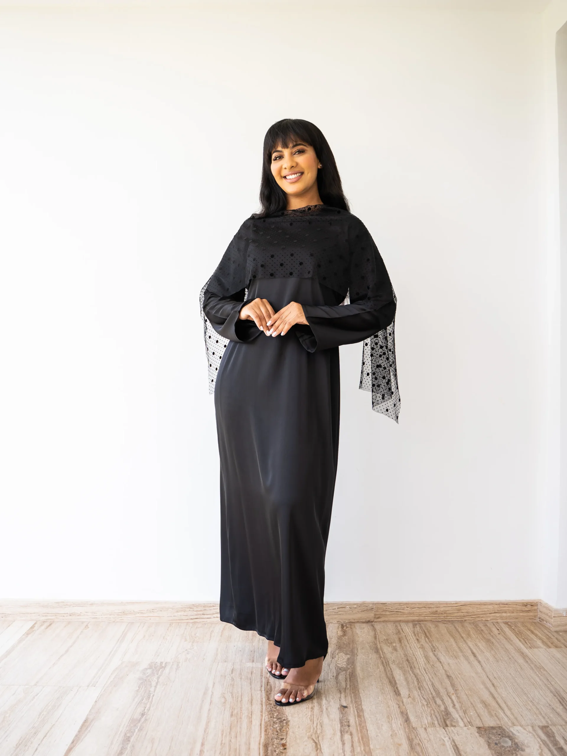 Maisam Black Modest Maxi Dress with Sheer Polka Dot Cape
