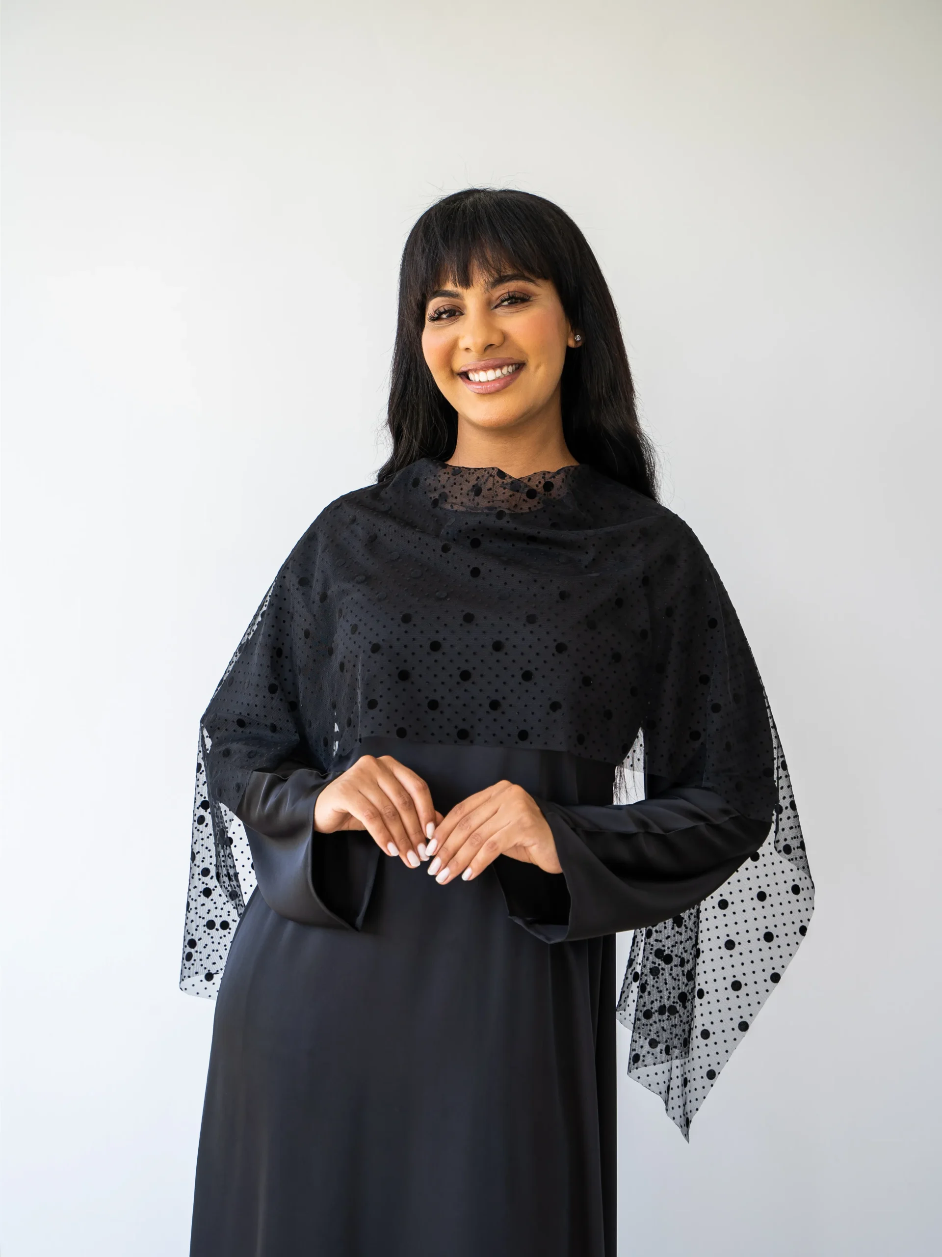 Maisam Black Modest Maxi Dress with Sheer Polka Dot Cape - Image 5