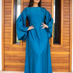 teal embroidered kaftan with wide flowing sleeves