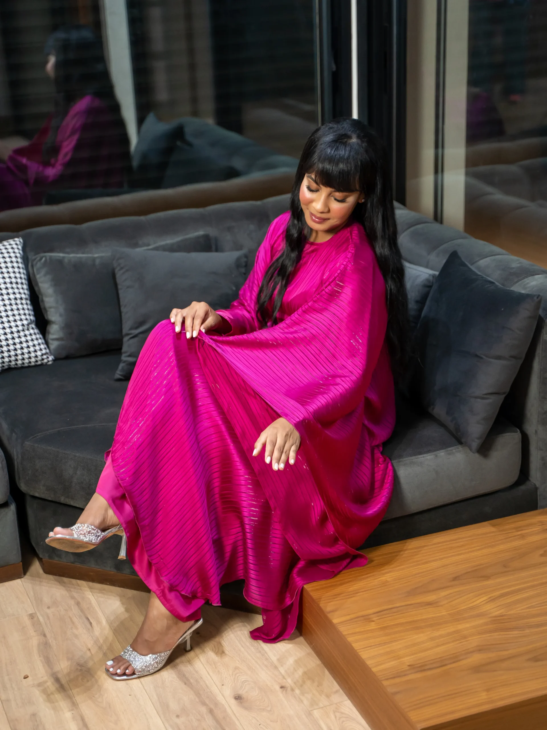 Maisam Fuchsia Shimmer Abaya with Matching Hijab - Image 2