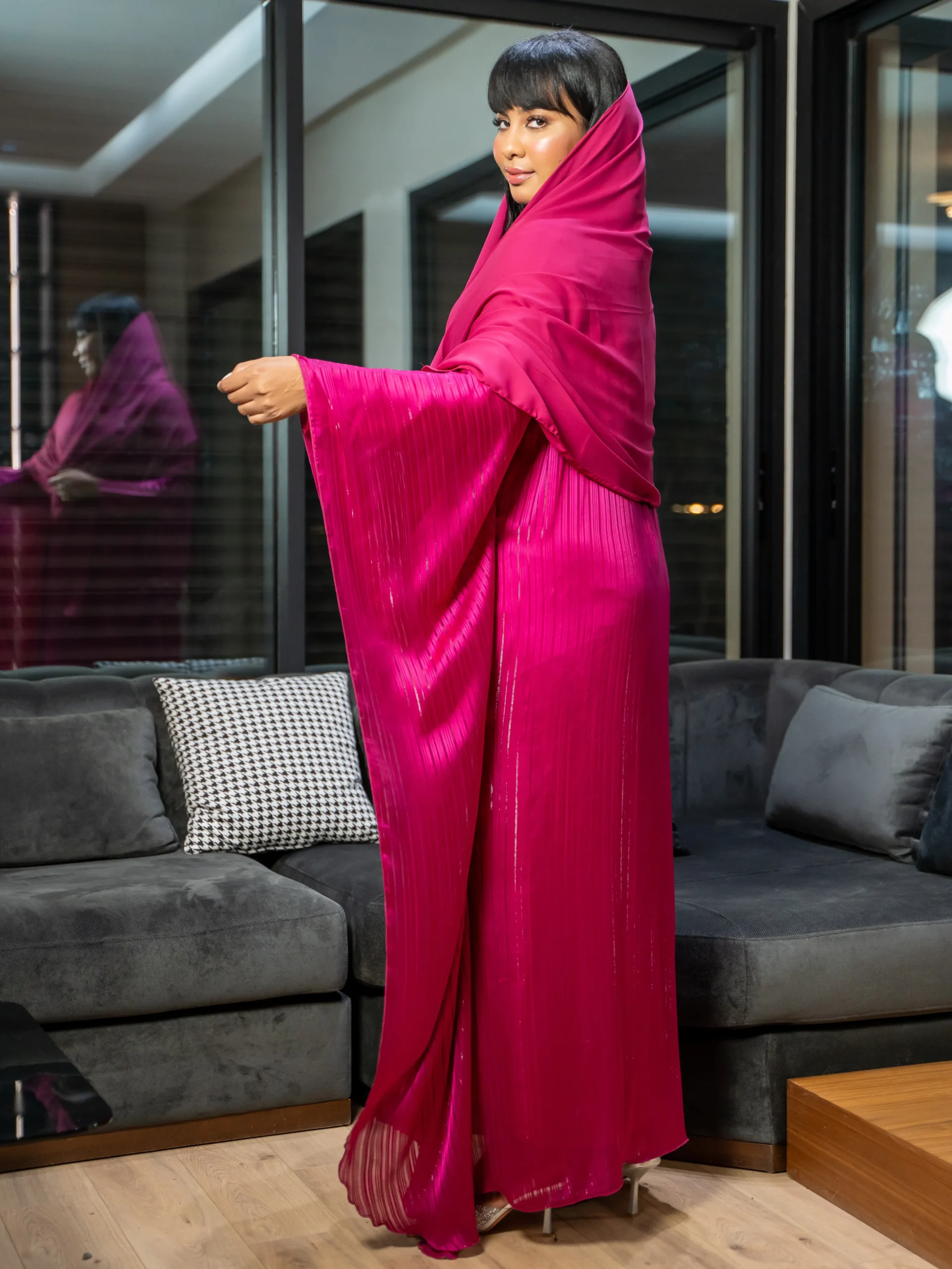 Maisam Fuchsia Shimmer Abaya with Matching Hijab - Image 4