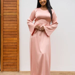 blush pink modest maxi dress with flared sleeves