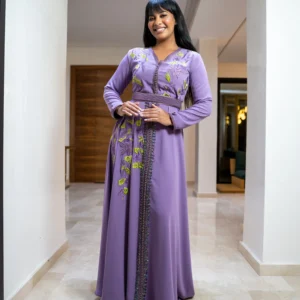 lavender embroidered kaftan with wide flowing sleeves