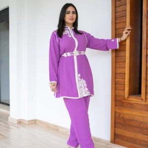 purple embroidered two piece modest set with tunic and trousers