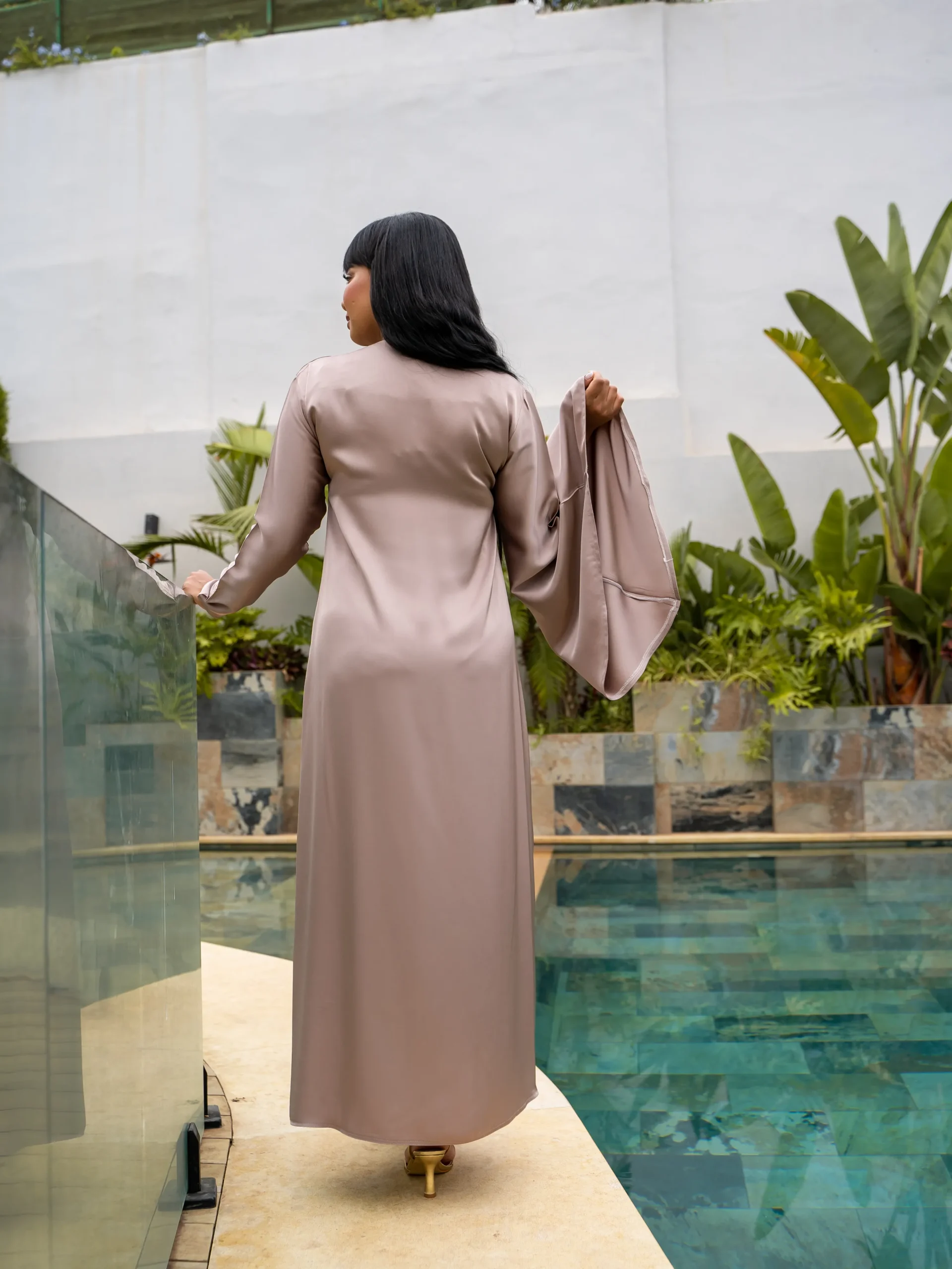 Maisam Champagne Embroidered Flowing Kaftan Dress - Image 4