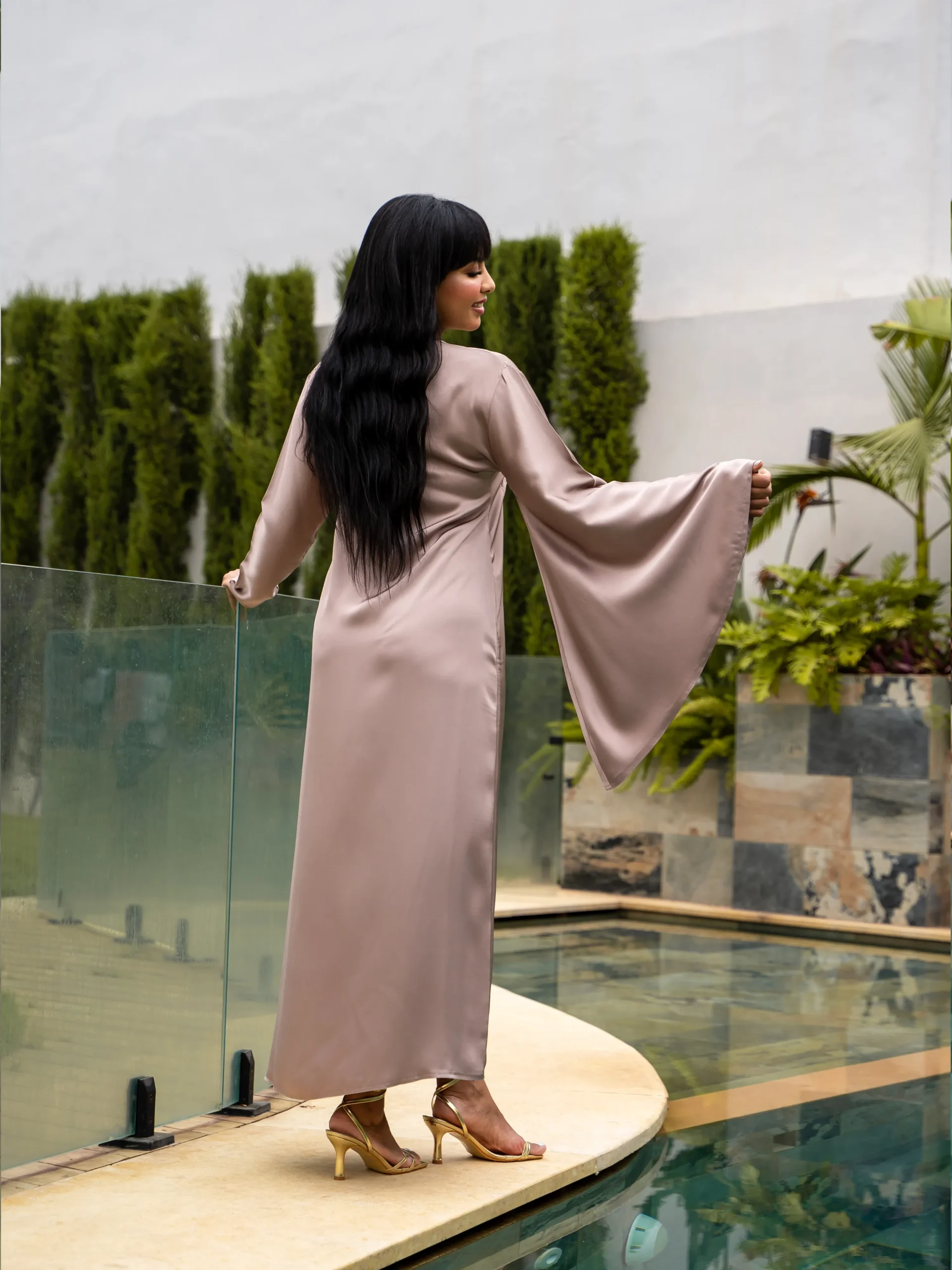 Maisam Champagne Embroidered Flowing Kaftan Dress - Image 3