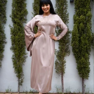 champagne embroidered kaftan with flowing draped sleeve