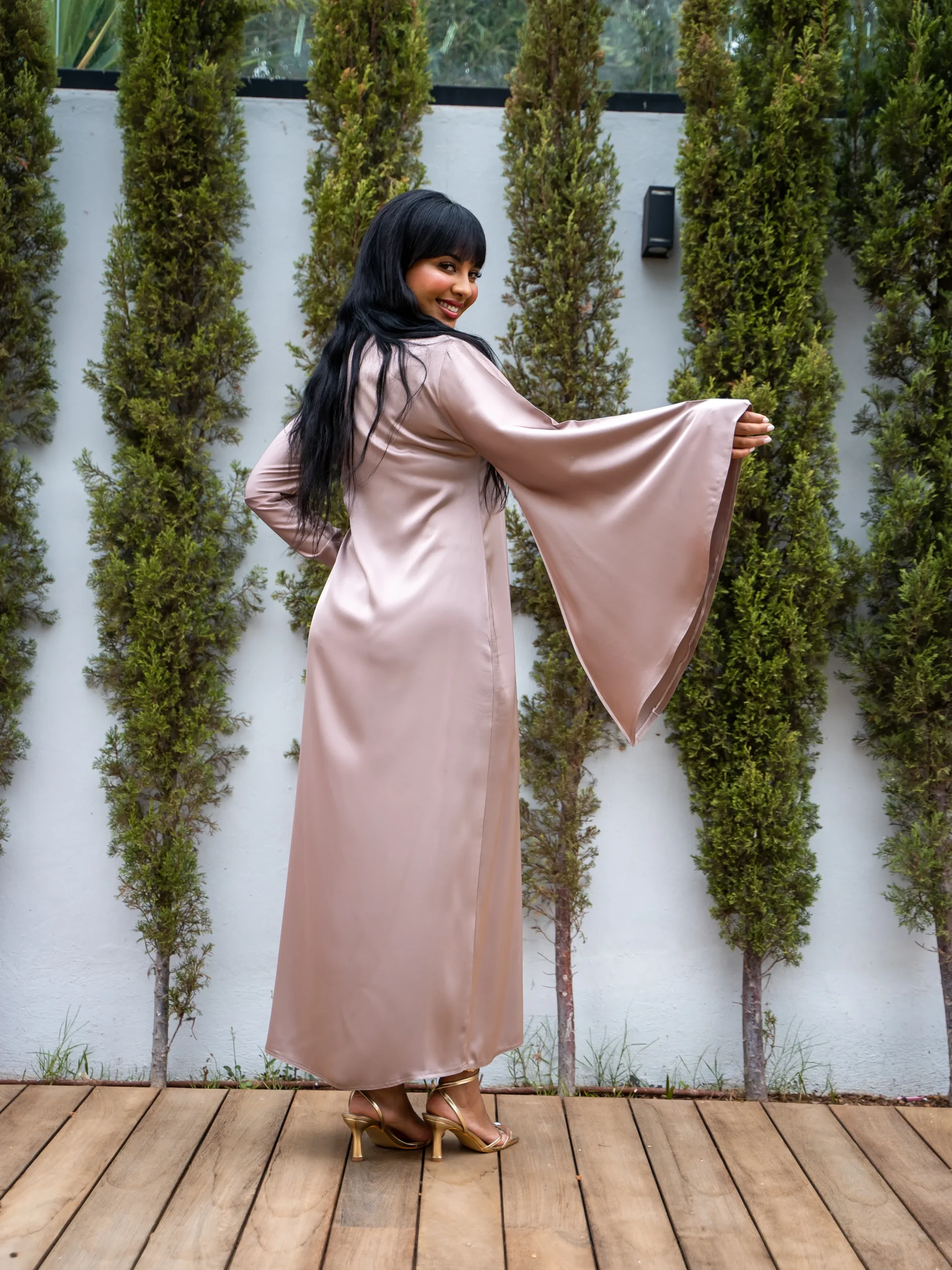 Maisam Champagne Embroidered Flowing Kaftan Dress - Image 2