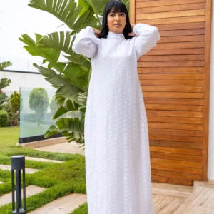 white lace modest maxi dress with long sleeves