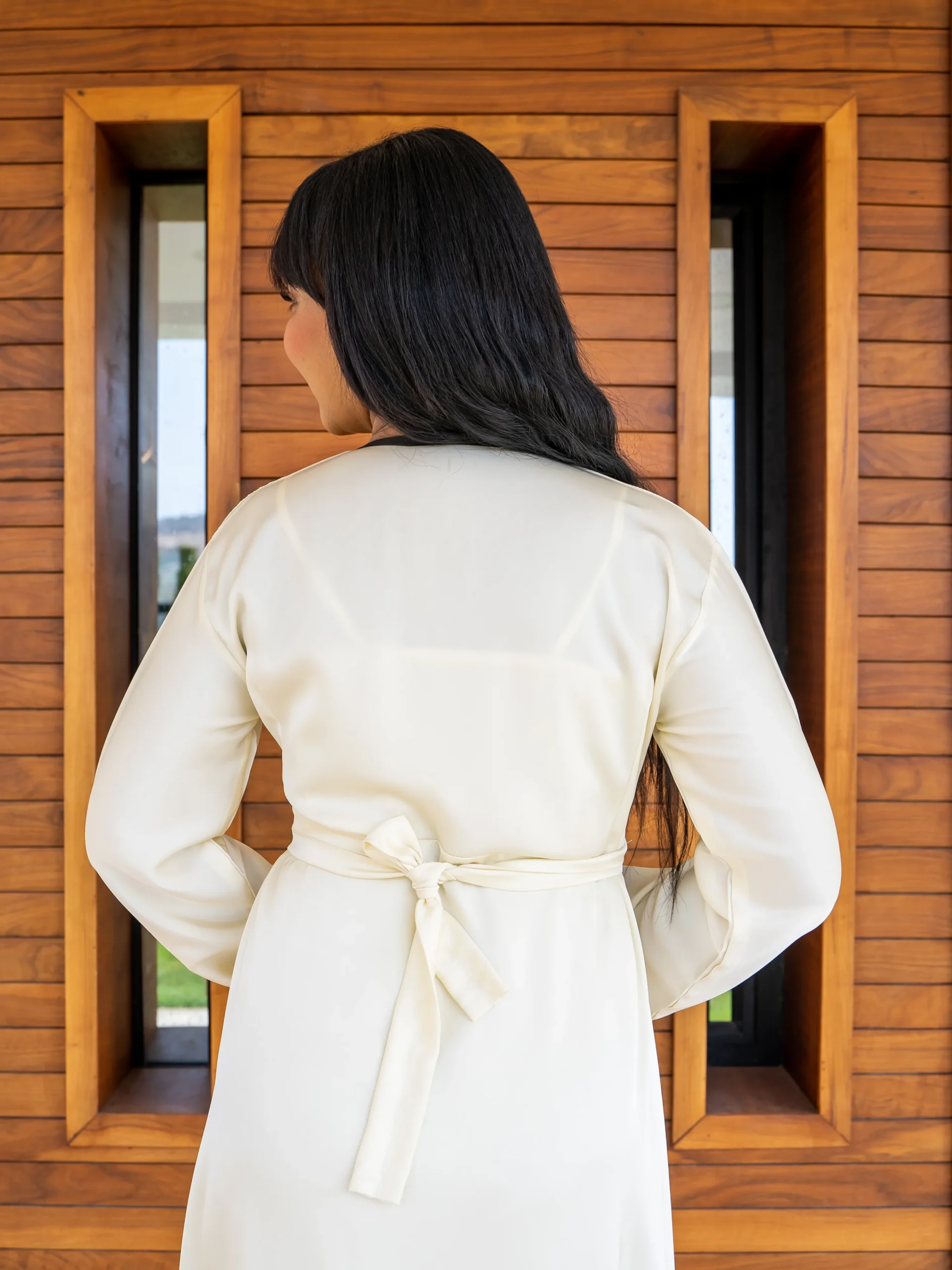 Maisam Ivory Modest Maxi Dress with Black Tie Detail - Image 5