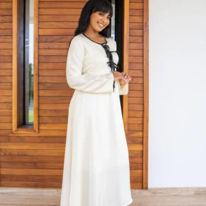 ivory modest maxi dress with black tie neckline