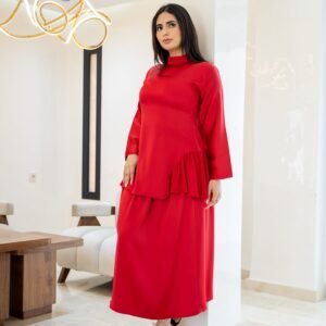 red two piece modest set with matching top and skirt
