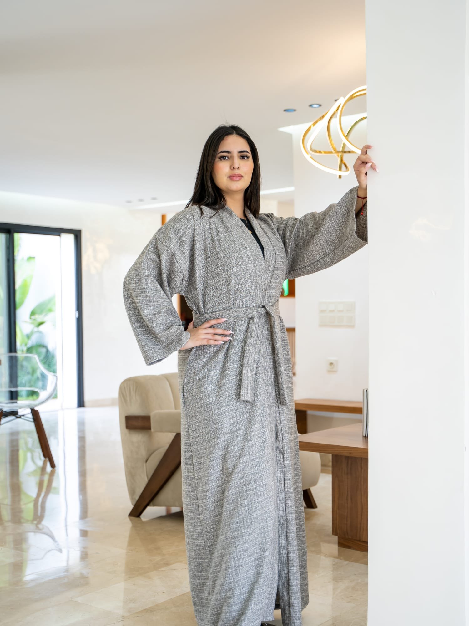 grey open front tie waist abaya with wide sleeves