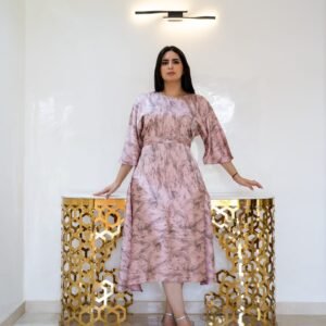 blush marble print modest dress with defined waist