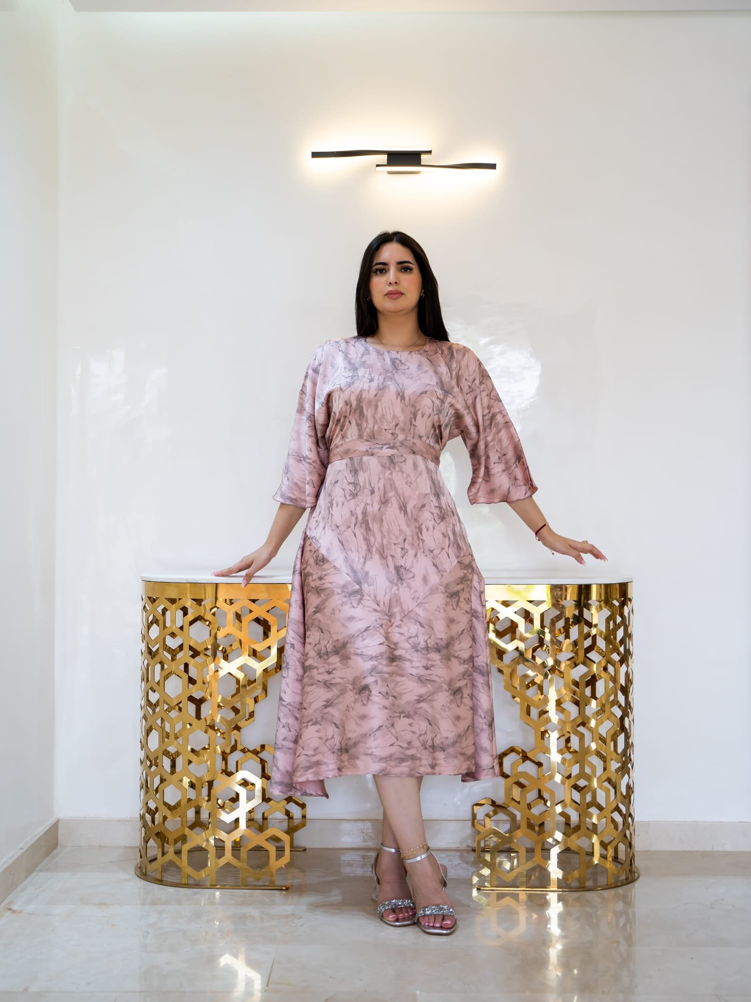 blush marble print modest dress with defined waist