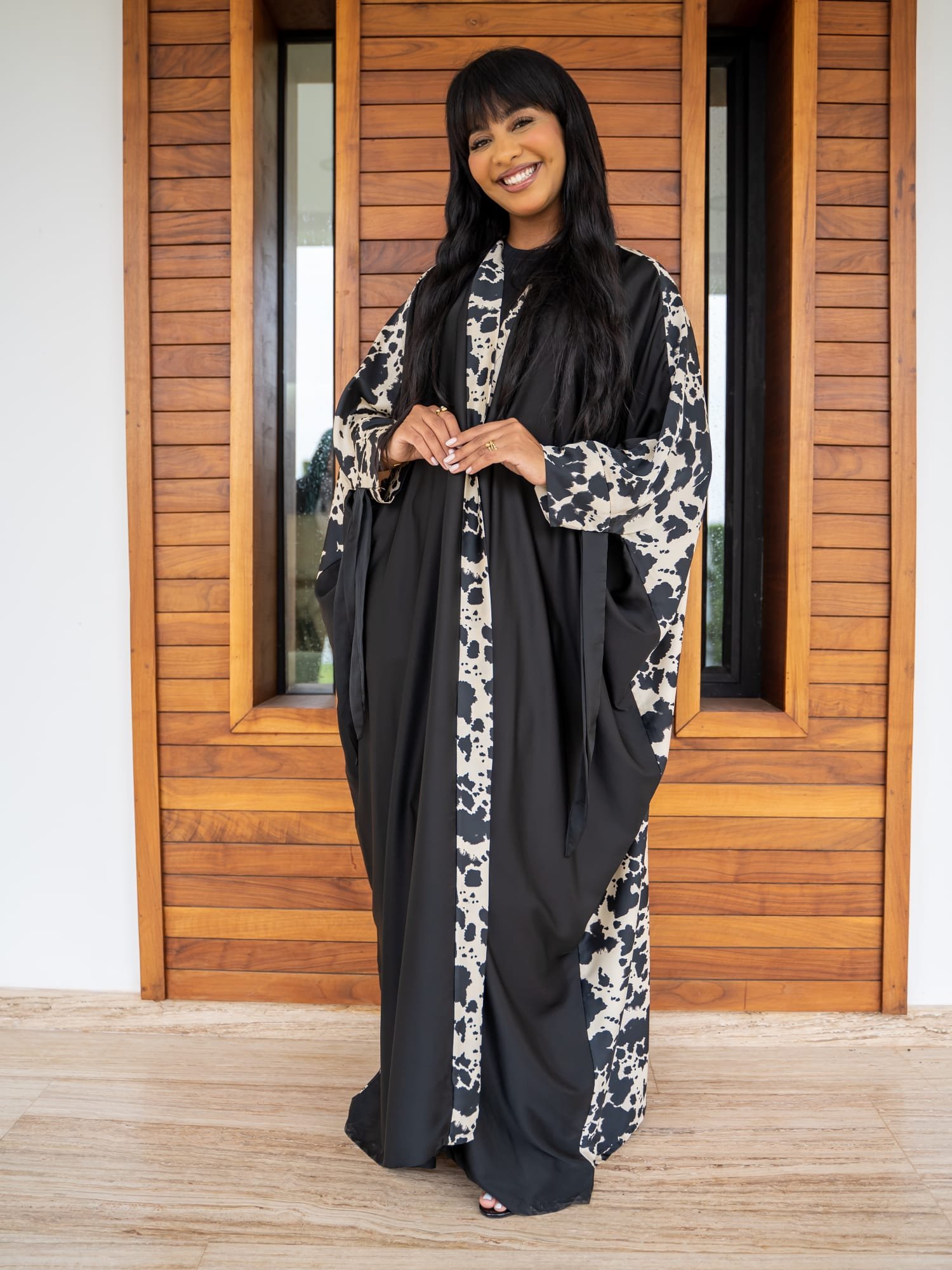 black open abaya with contrast printed panels