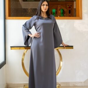 charcoal grey flowing kaftan dress with wide sleeves