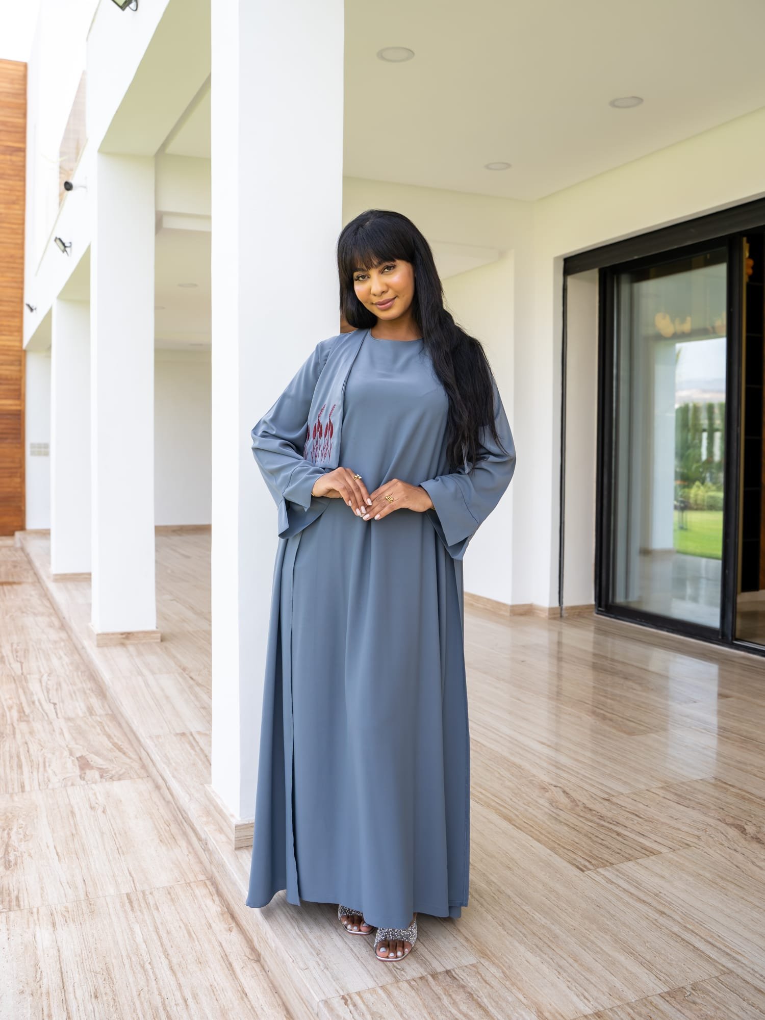 steel grey flowing kaftan with wide sleeves