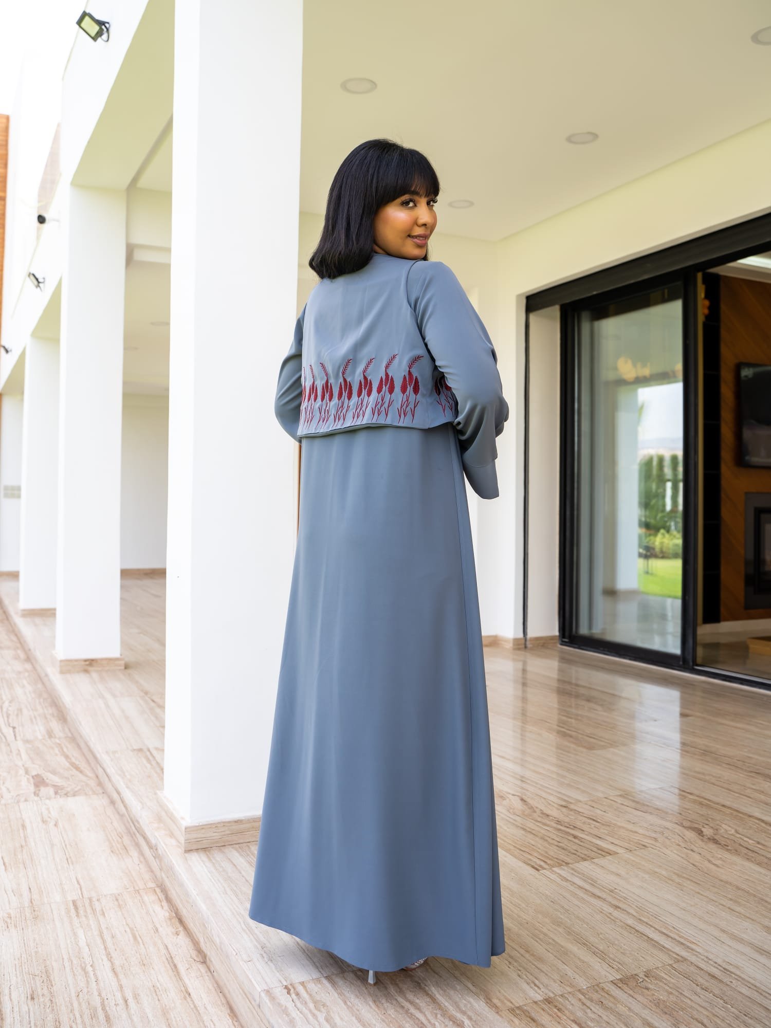 Maisam Steel Grey Flowing Kaftan Dress with Subtle Embroidery - Image 5