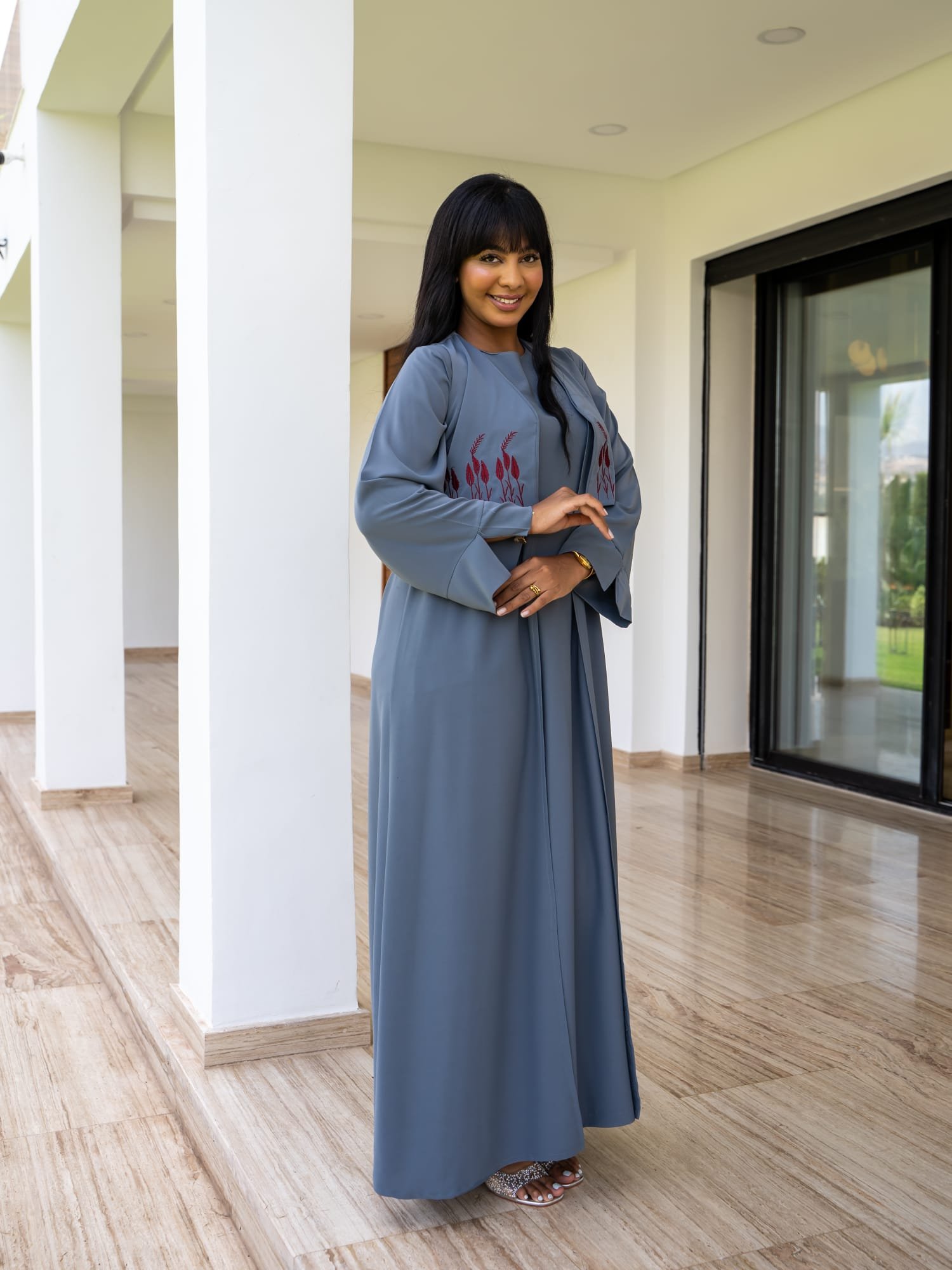 Maisam Steel Grey Flowing Kaftan Dress with Subtle Embroidery - Image 6