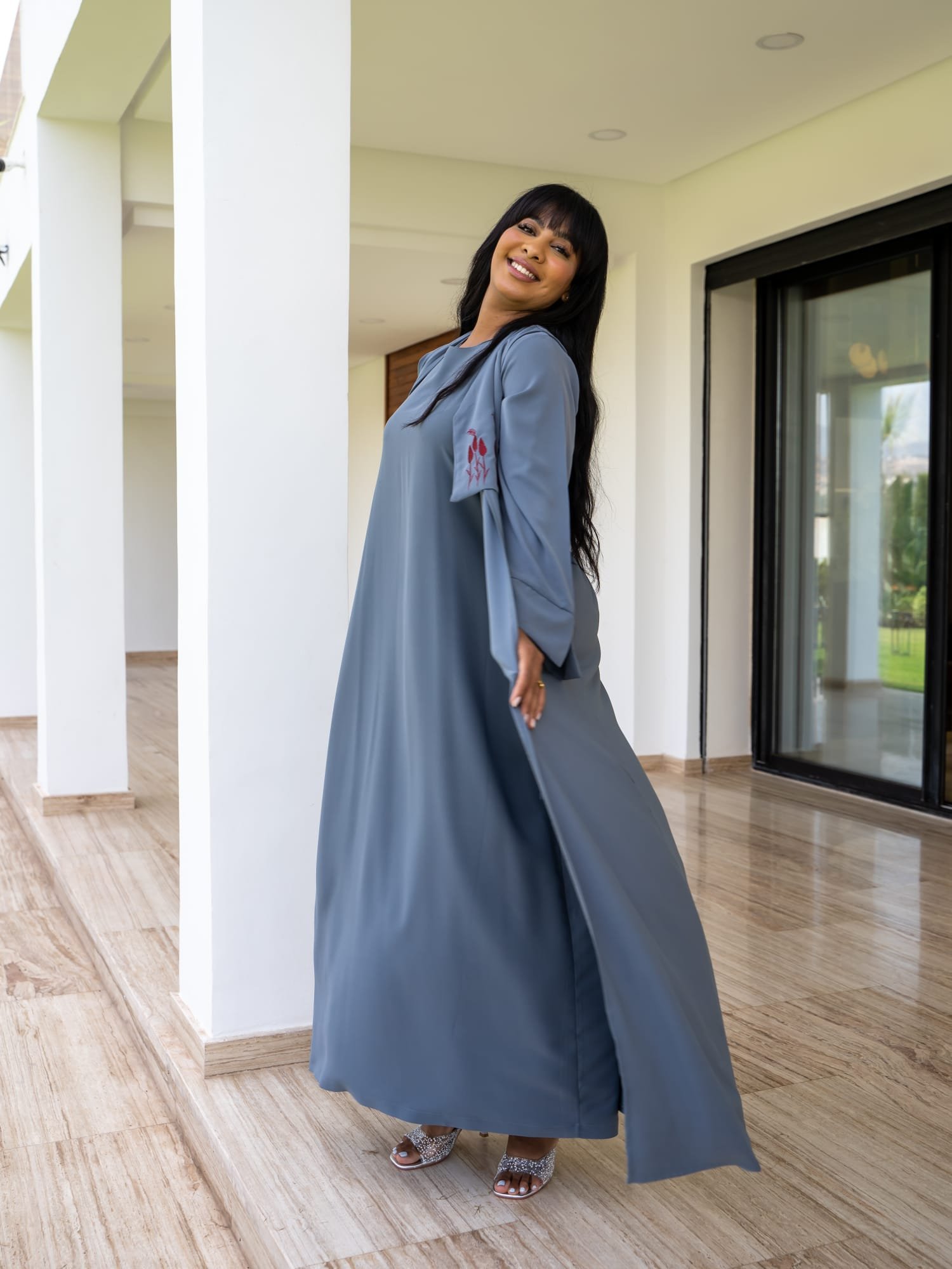 Maisam Steel Grey Flowing Kaftan Dress with Subtle Embroidery - Image 4