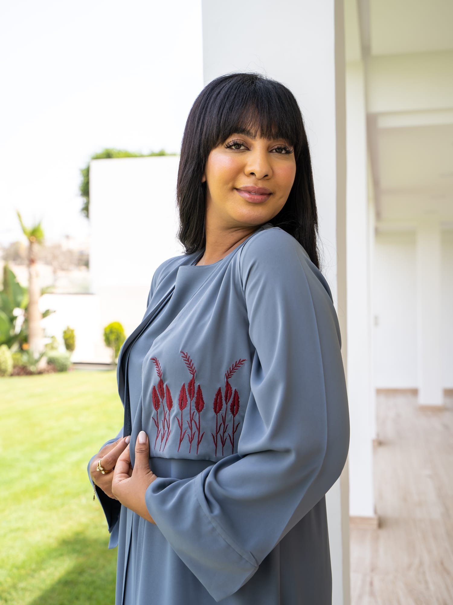 Maisam Steel Grey Flowing Kaftan Dress with Subtle Embroidery - Image 2