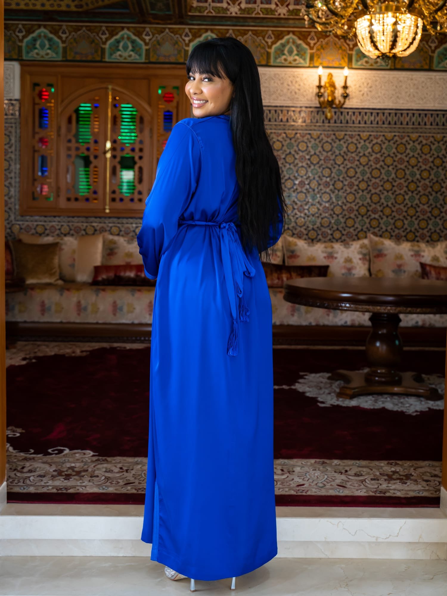 Maisam Royal Blue Velvet Open Abaya with Inner Dress - Image 7