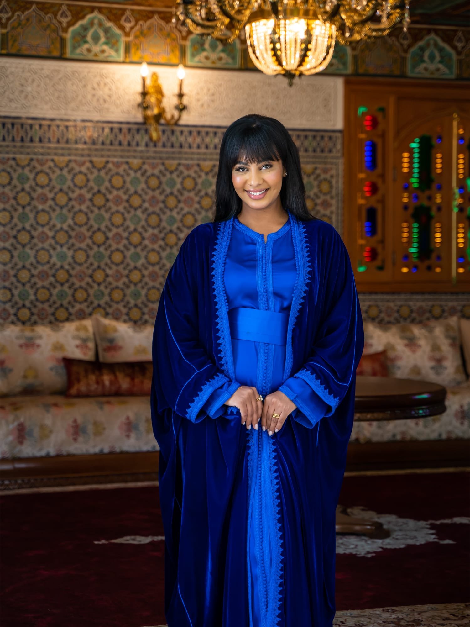 Maisam Royal Blue Velvet Open Abaya with Inner Dress - Image 3
