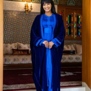 royal blue velvet open abaya with matching inner dress