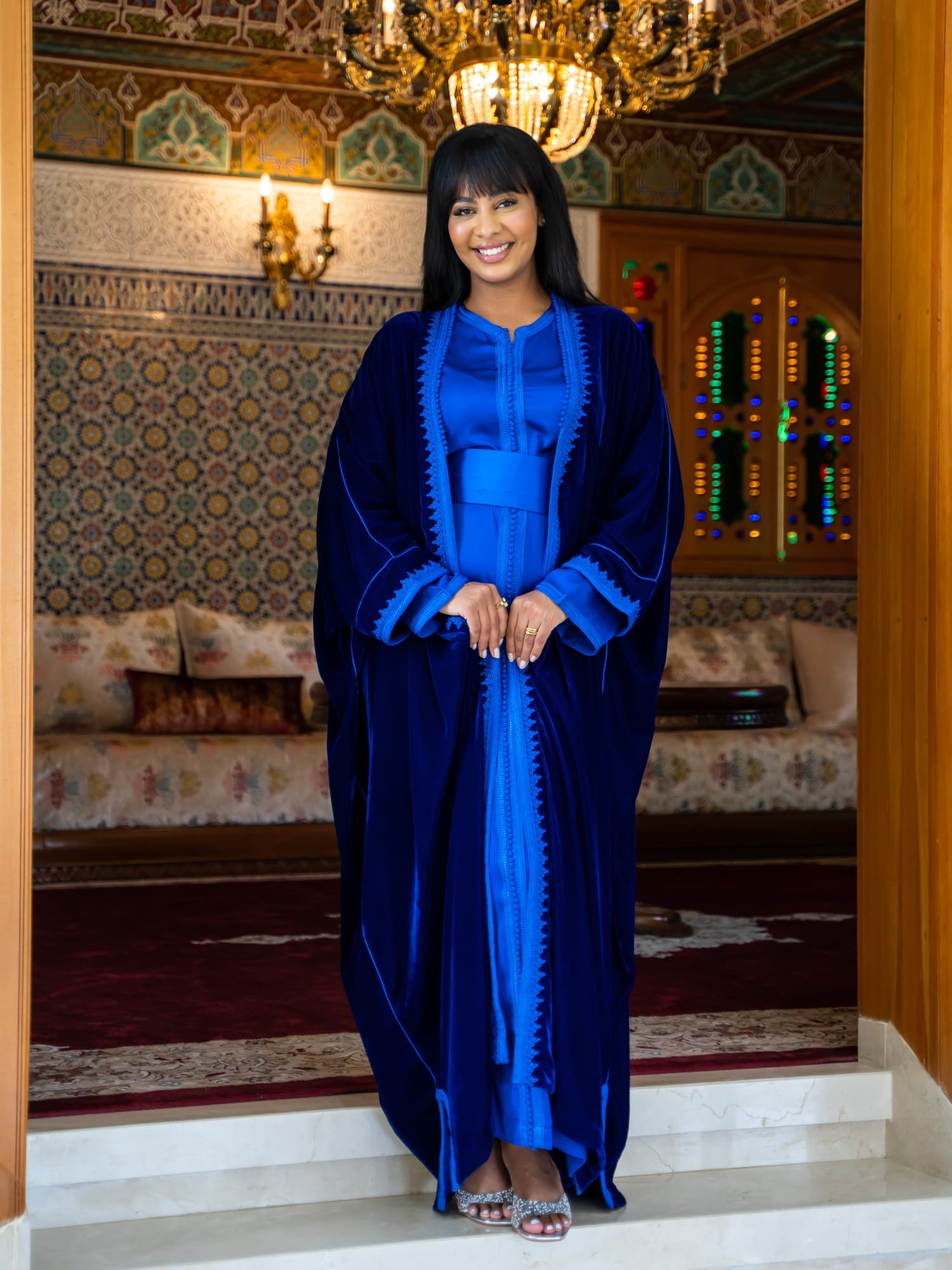 royal blue velvet open abaya with matching inner dress