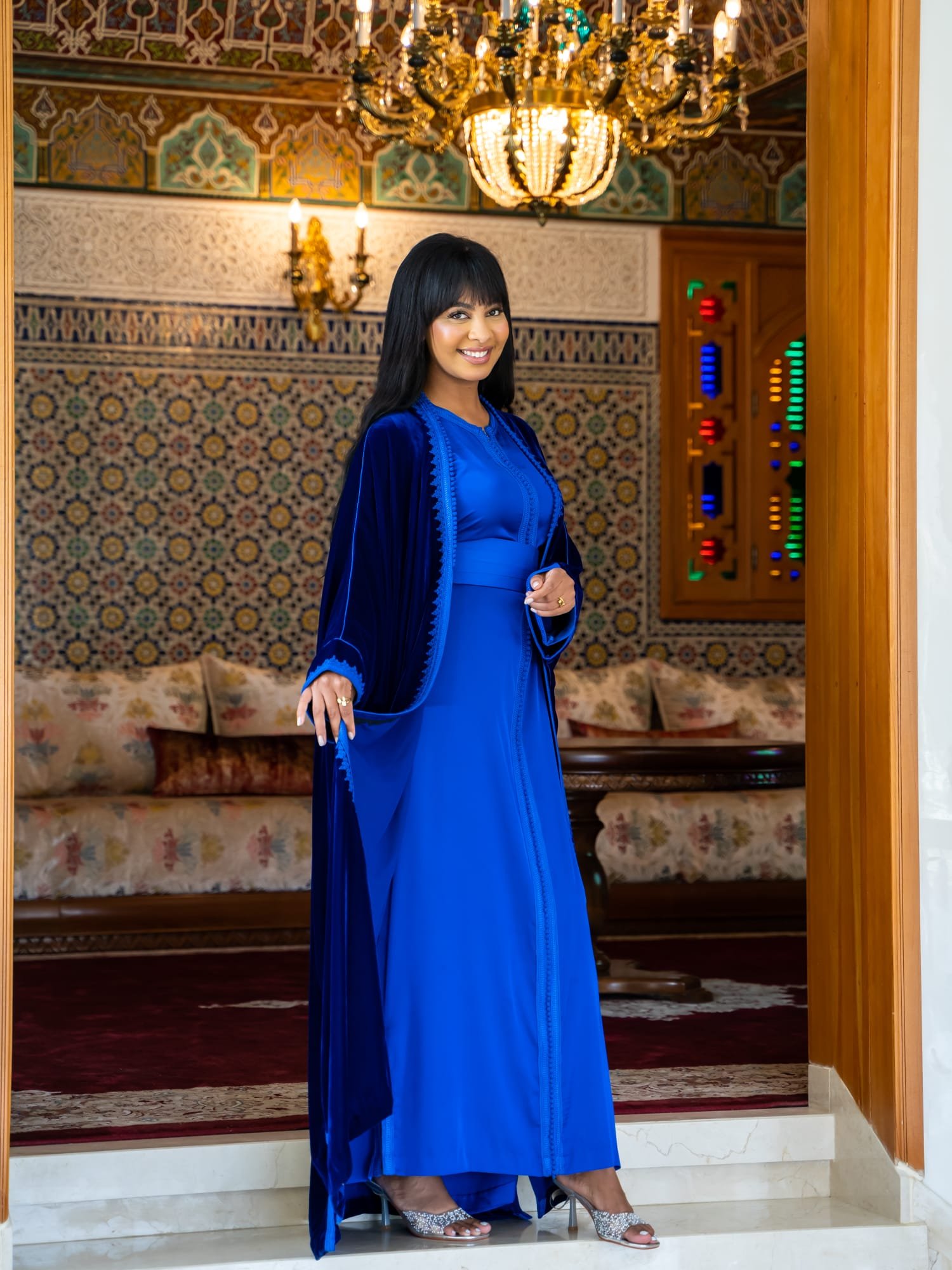 Maisam Royal Blue Velvet Open Abaya with Inner Dress - Image 4