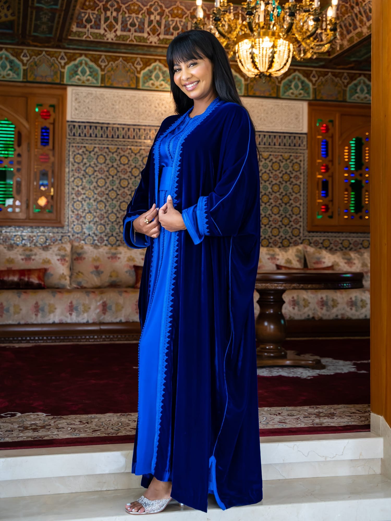 Maisam Royal Blue Velvet Open Abaya with Inner Dress - Image 2