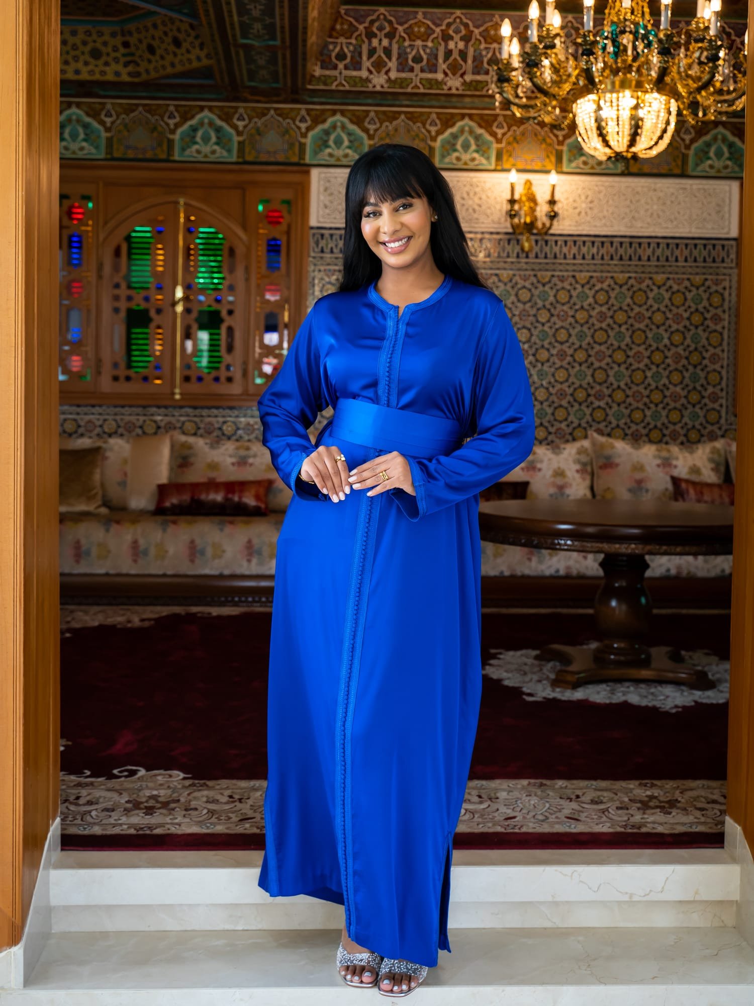 Maisam Royal Blue Velvet Open Abaya with Inner Dress - Image 6