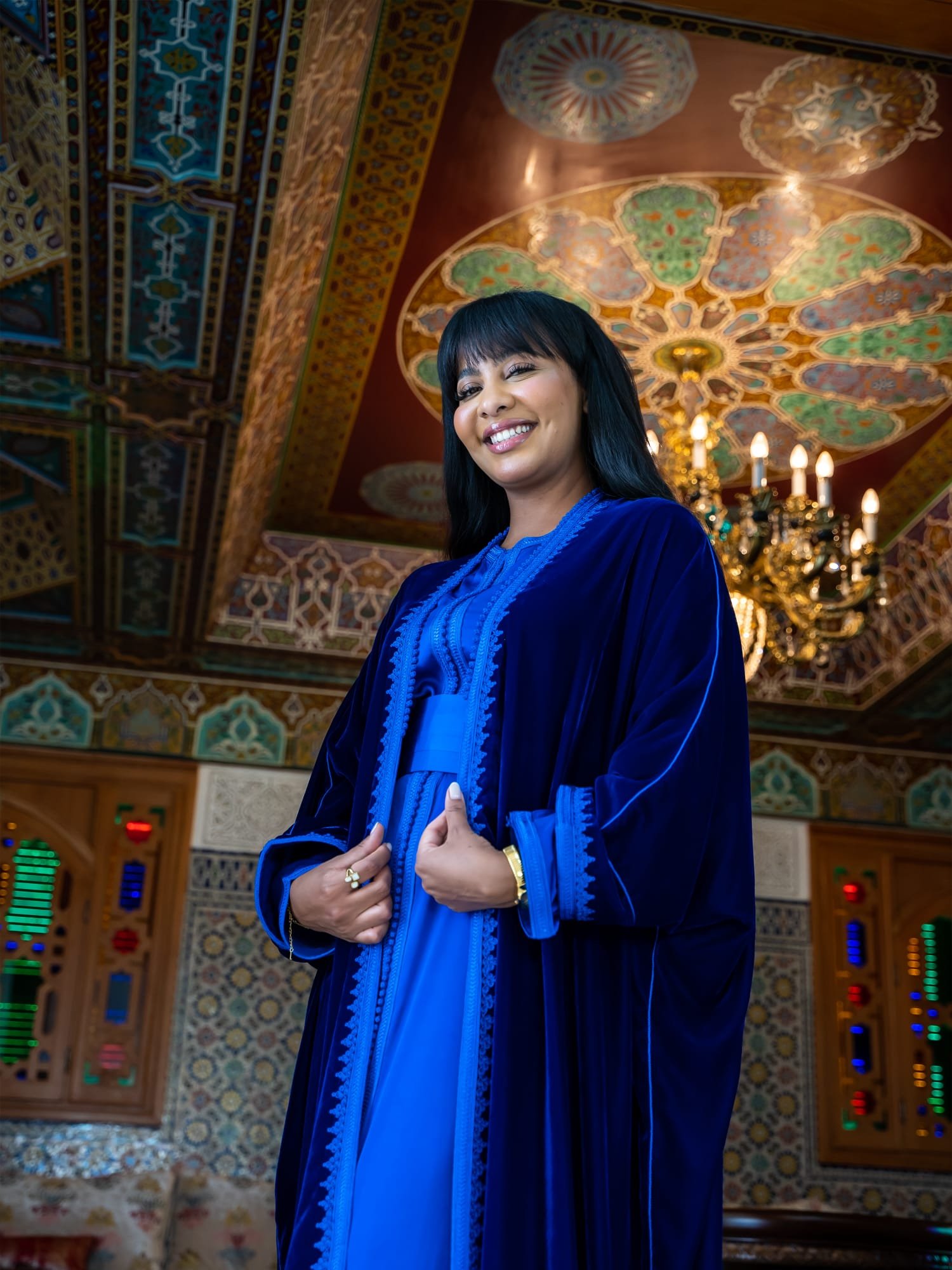 Maisam Royal Blue Velvet Open Abaya with Inner Dress - Image 5