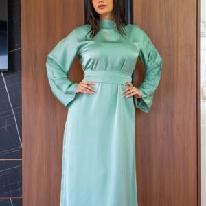 mint green modest maxi dress with tailored waist