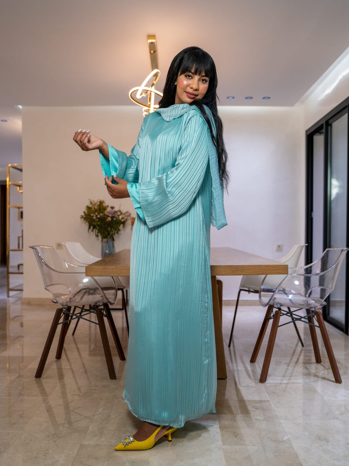 Maisam Mint Pleated Flowing Kaftan Dress - Image 3