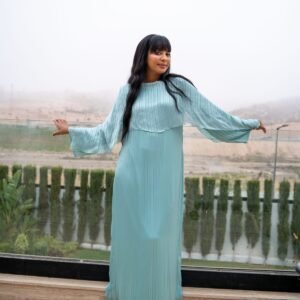 mint pleated flowing kaftan with wide sleeves