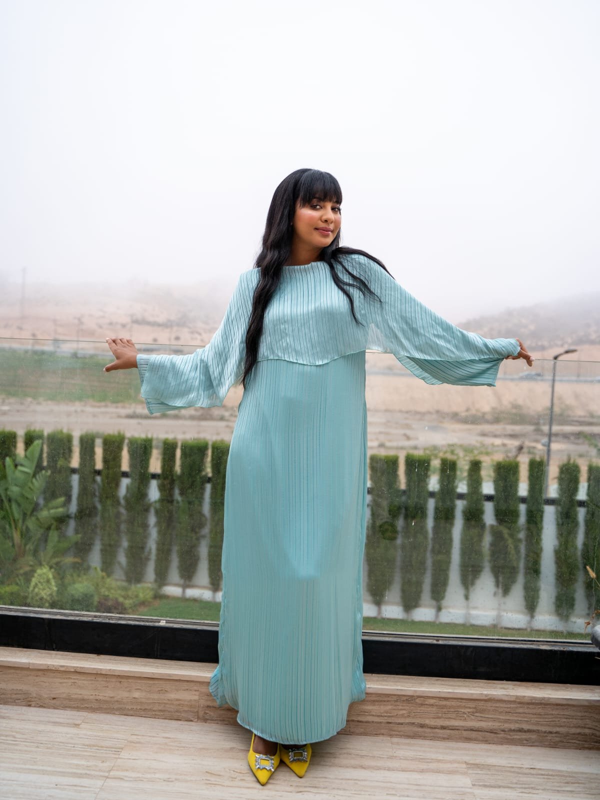 mint pleated flowing kaftan with wide sleeves