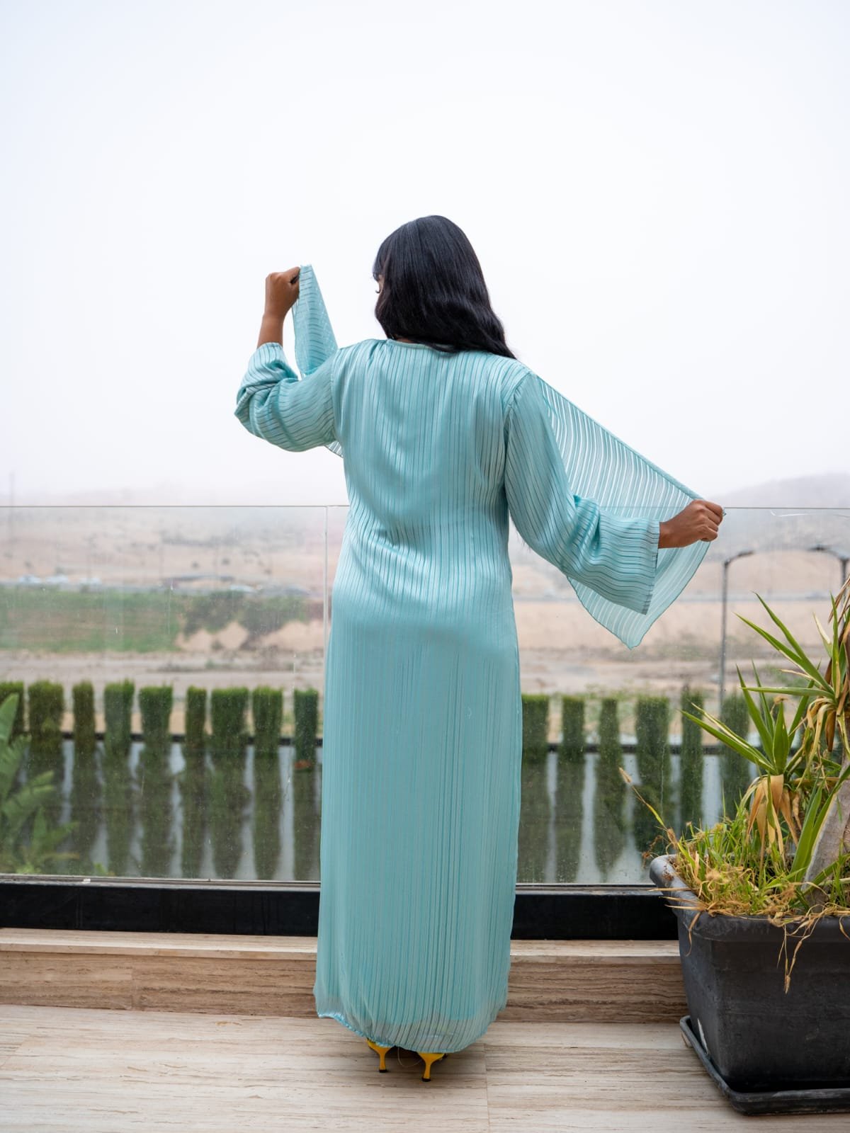 Maisam Mint Pleated Flowing Kaftan Dress - Image 4