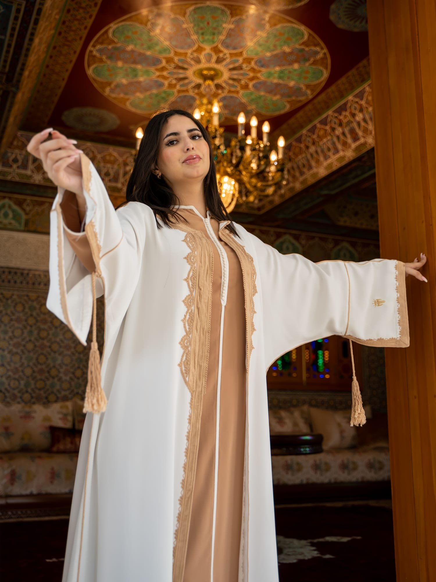 Maisam Ivory & Sand Embroidered Open Abaya - Image 3