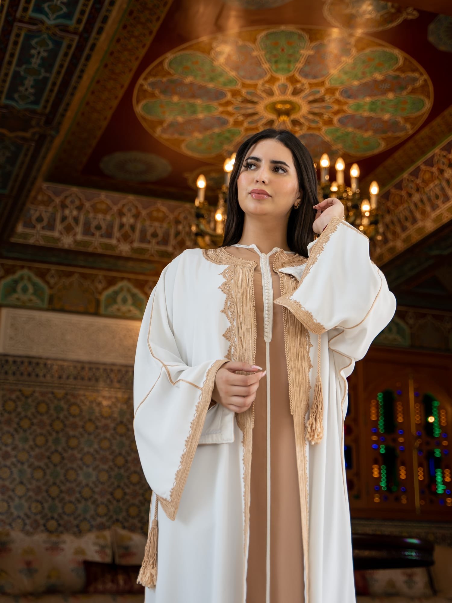 Maisam Ivory & Sand Embroidered Open Abaya - Image 5