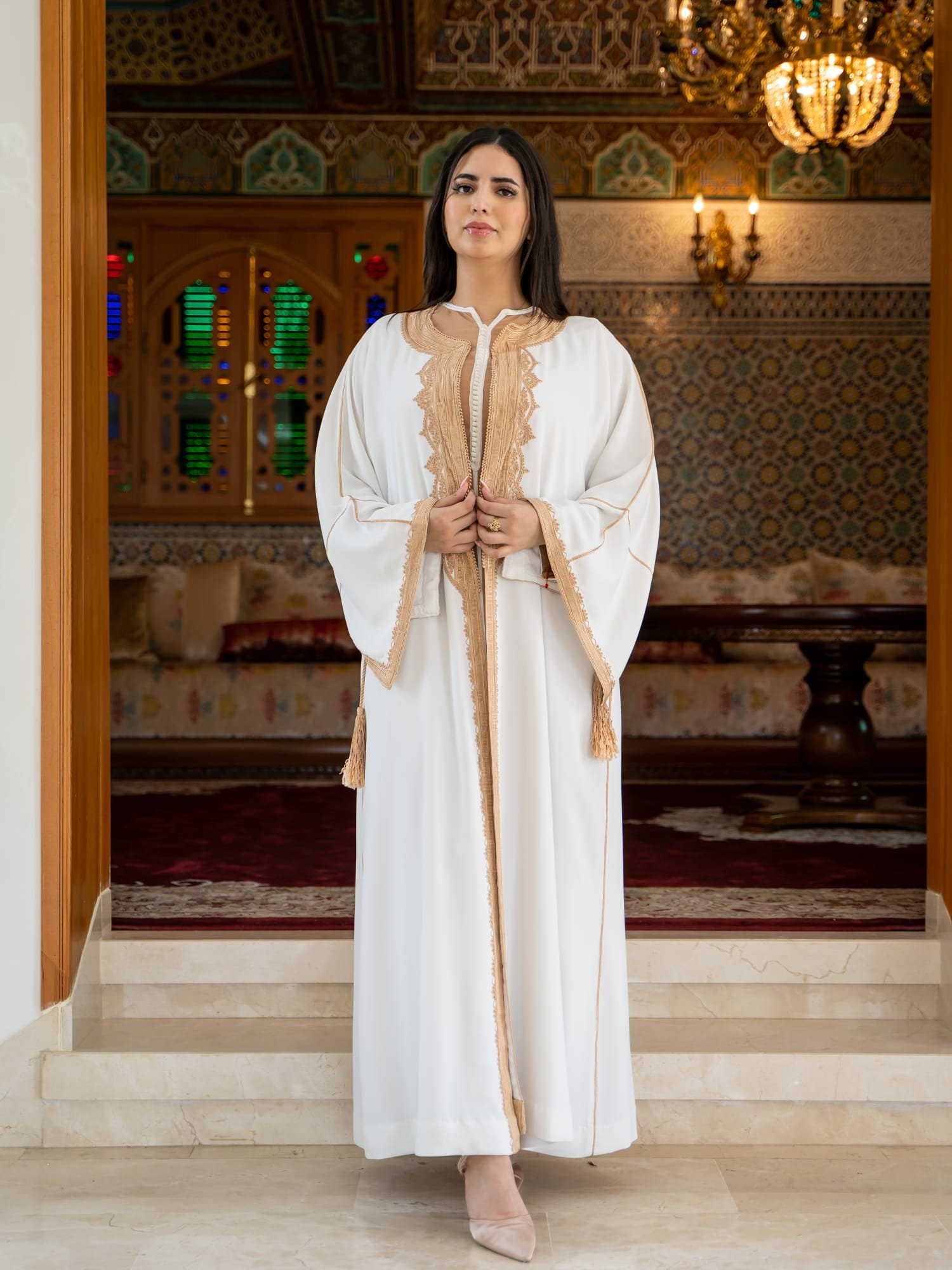 Maisam Ivory & Sand Embroidered Open Abaya - Image 6