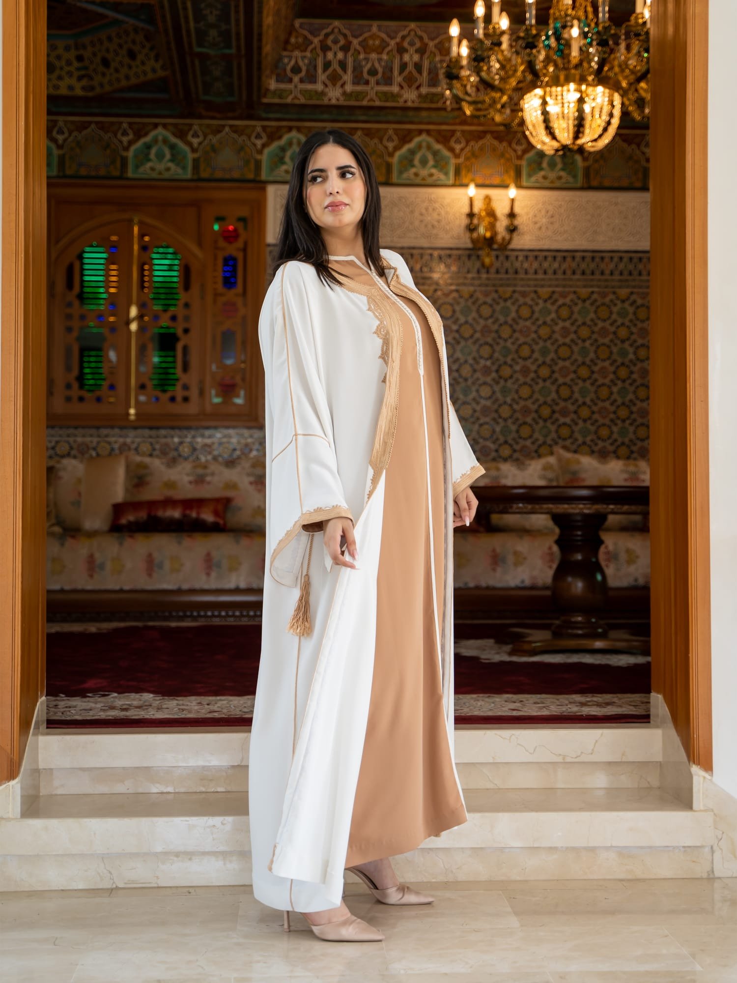 Maisam Ivory & Sand Embroidered Open Abaya - Image 7